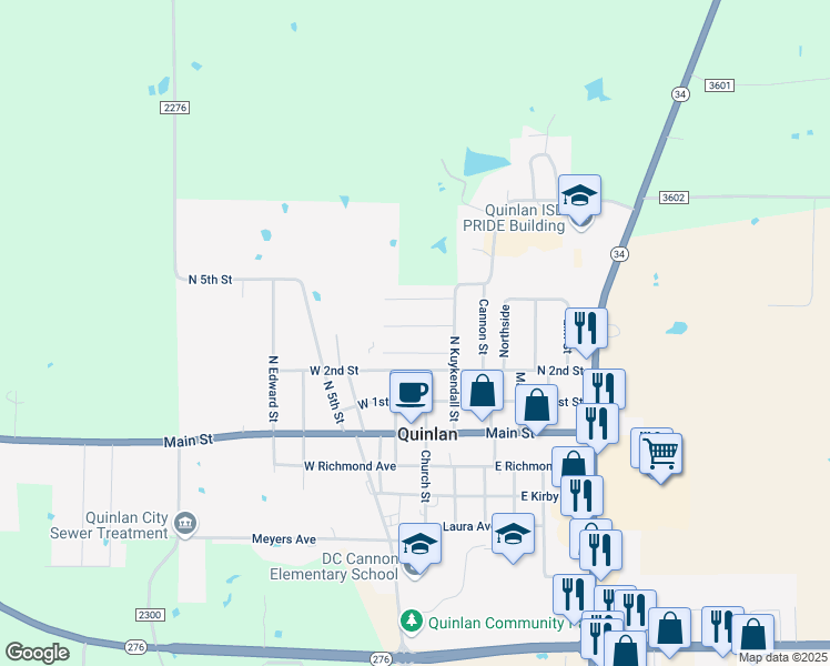 map of restaurants, bars, coffee shops, grocery stores, and more near 115 Cagle in Quinlan