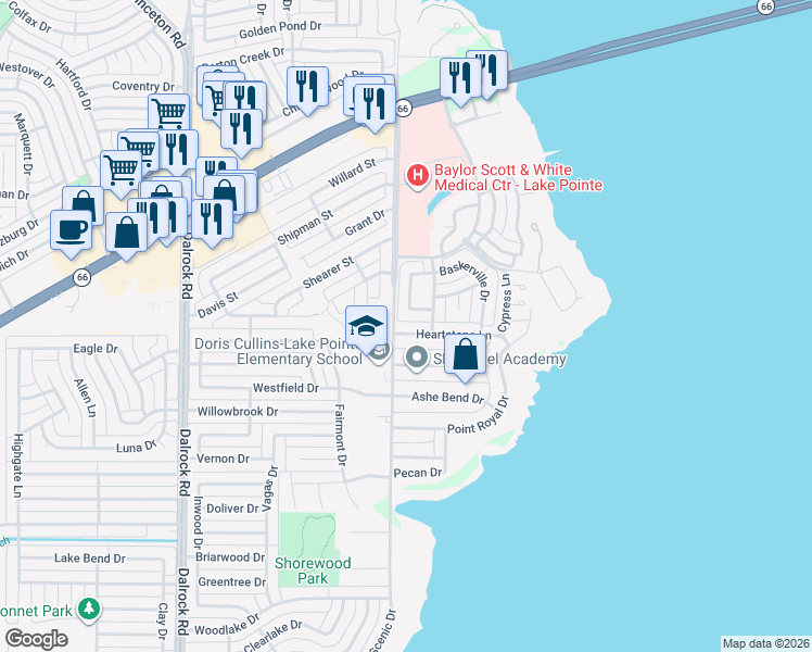 map of restaurants, bars, coffee shops, grocery stores, and more near 9505 Heartstone Lane in Rockwall
