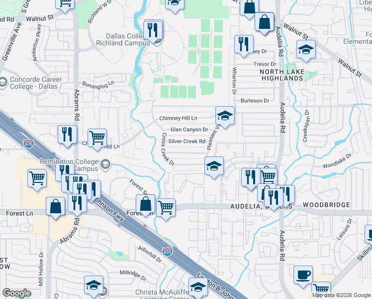 map of restaurants, bars, coffee shops, grocery stores, and more near 12128 Cross Creek Drive in Dallas