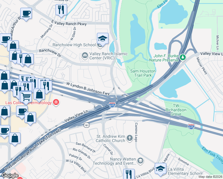 map of restaurants, bars, coffee shops, grocery stores, and more near 28 Southfork Bend in Irving