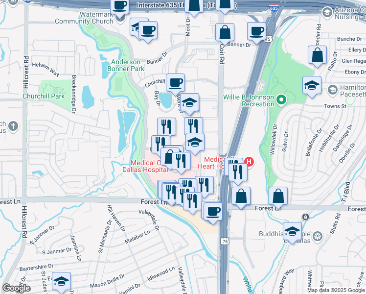 map of restaurants, bars, coffee shops, grocery stores, and more near 12000 Merit Drive in Dallas