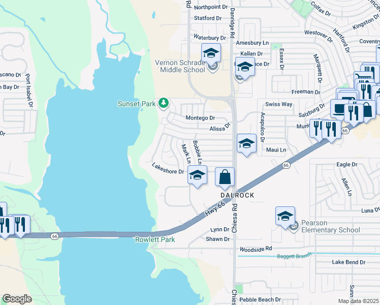 map of restaurants, bars, coffee shops, grocery stores, and more near 5809 Mark Lane in Rowlett