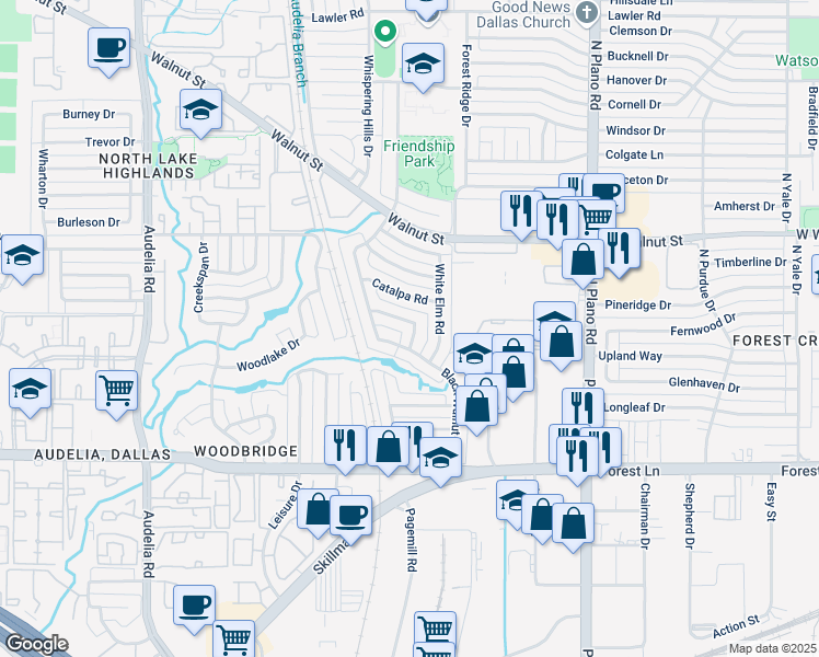map of restaurants, bars, coffee shops, grocery stores, and more near 10627 Black Walnut Drive in Dallas
