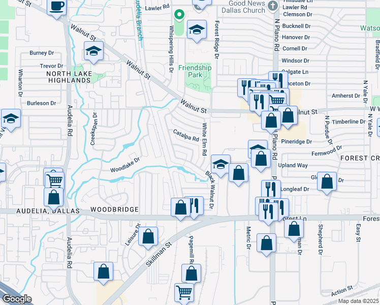 map of restaurants, bars, coffee shops, grocery stores, and more near 10627 Black Walnut Drive in Dallas