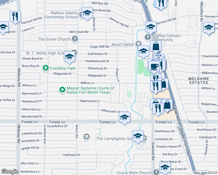map of restaurants, bars, coffee shops, grocery stores, and more near 12031 Fieldwood Lane in Dallas