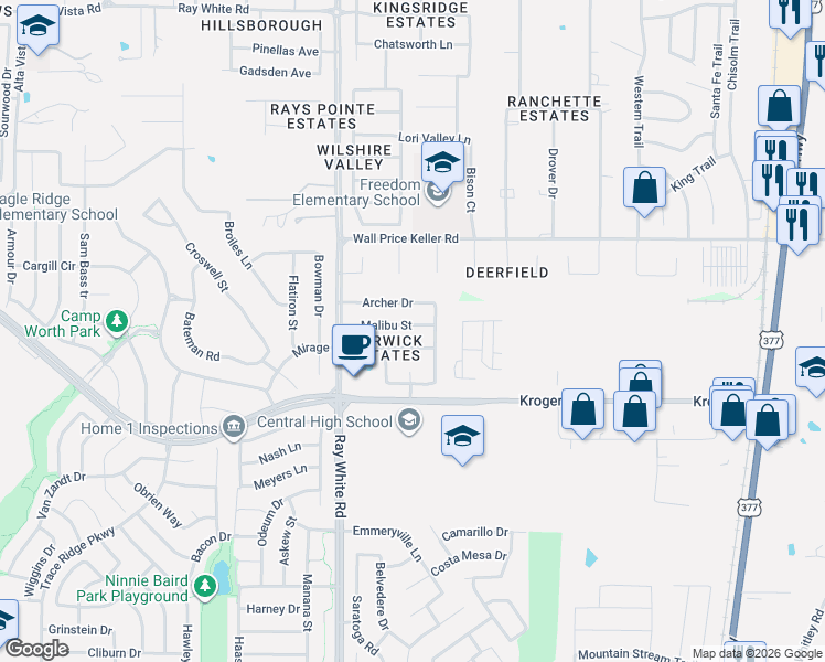 map of restaurants, bars, coffee shops, grocery stores, and more near 5336 Mirage Drive in Fort Worth