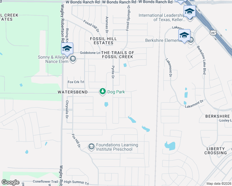 map of restaurants, bars, coffee shops, grocery stores, and more near 10036 Pyrite Drive in Fort Worth
