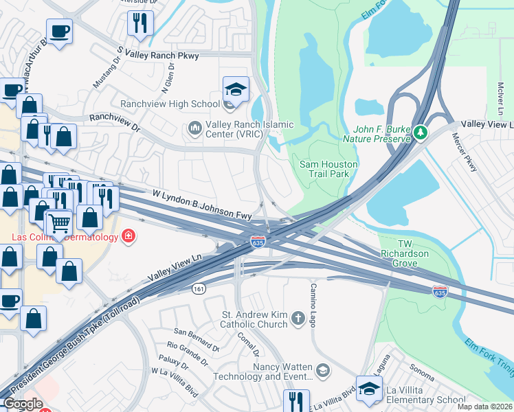 map of restaurants, bars, coffee shops, grocery stores, and more near 28 Southfork Bend in Irving