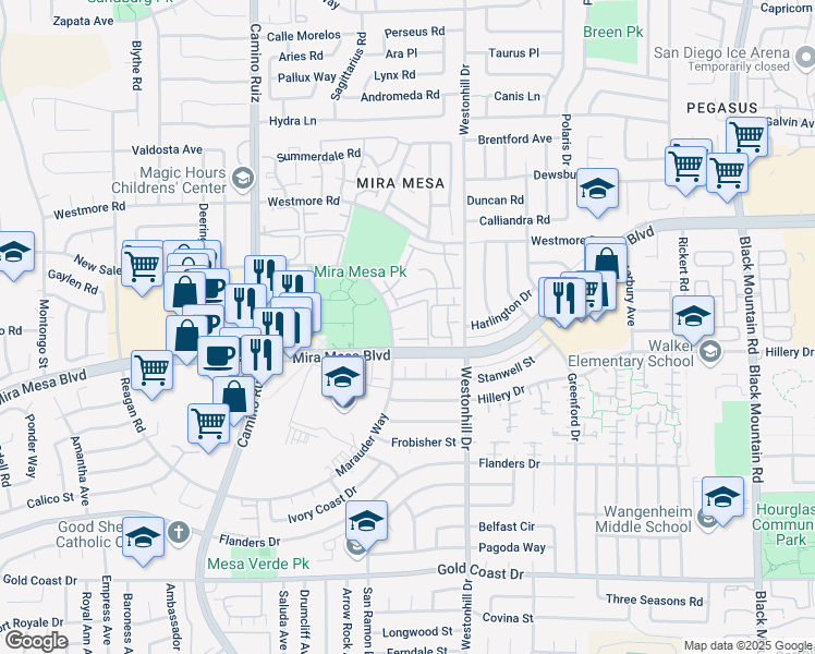 map of restaurants, bars, coffee shops, grocery stores, and more near 8696 New Salem Street in San Diego