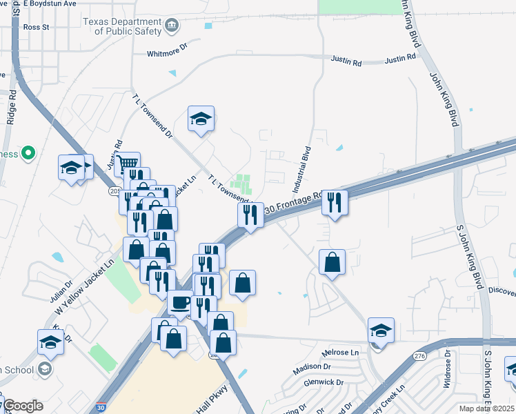 map of restaurants, bars, coffee shops, grocery stores, and more near T L Townsend Drive in Rockwall