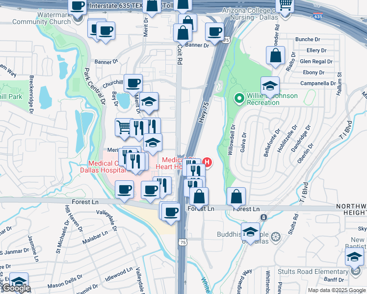 map of restaurants, bars, coffee shops, grocery stores, and more near 2 Kingfish Lane in Dallas
