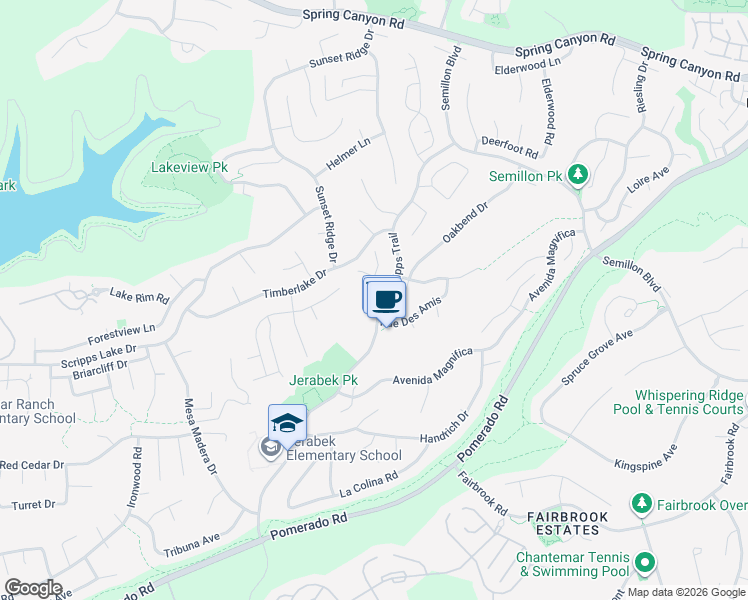 map of restaurants, bars, coffee shops, grocery stores, and more near 10460 La Vita Court in San Diego