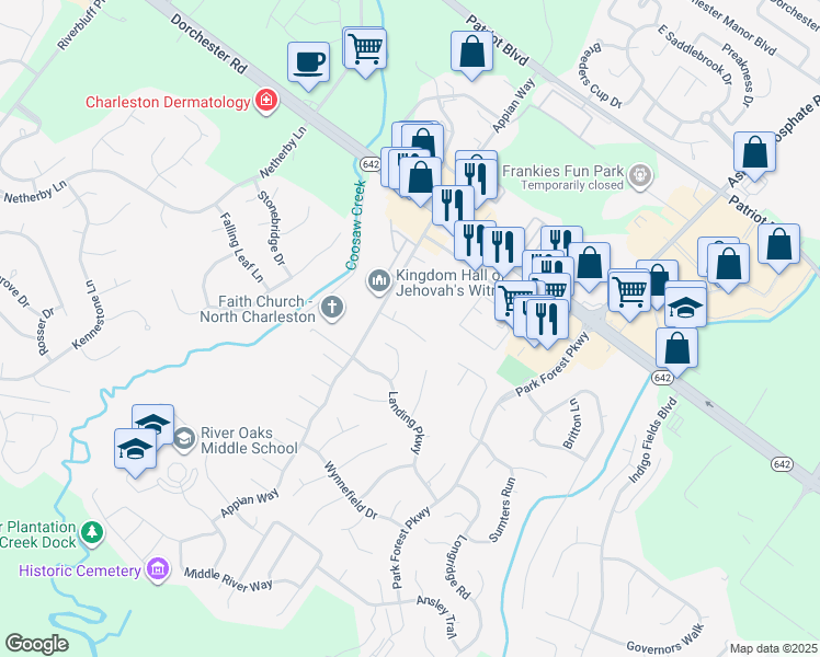 map of restaurants, bars, coffee shops, grocery stores, and more near Athens Way in North Charleston