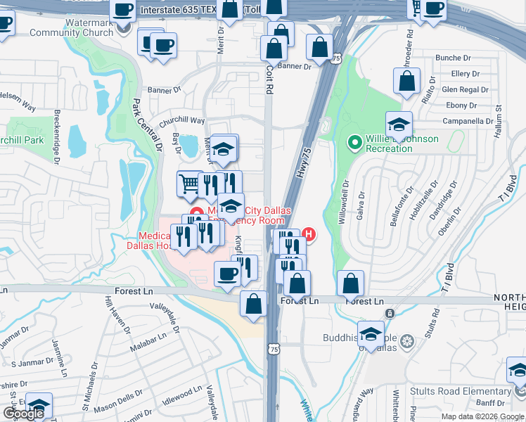 map of restaurants, bars, coffee shops, grocery stores, and more near 12121 Coit Road in Dallas