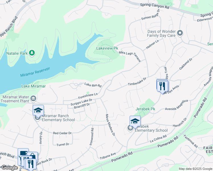 map of restaurants, bars, coffee shops, grocery stores, and more near 11445 Forestview Lane in San Diego