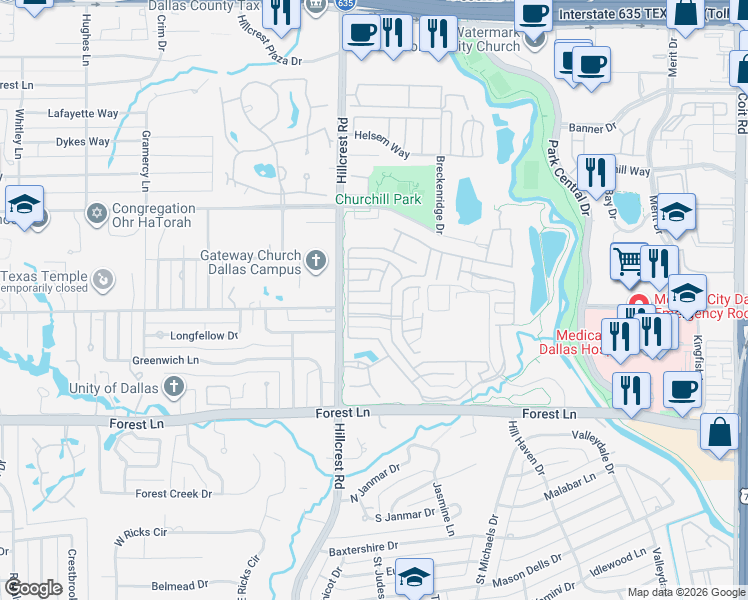 map of restaurants, bars, coffee shops, grocery stores, and more near 6936 Oak Manor Drive in Dallas