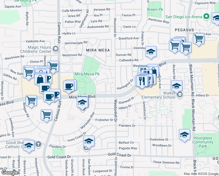 map of restaurants, bars, coffee shops, grocery stores, and more near 10794 Westonhill Drive in San Diego