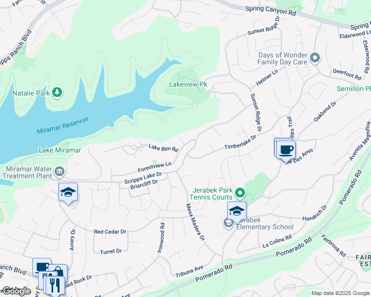 map of restaurants, bars, coffee shops, grocery stores, and more near 11445 Forestview Lane in San Diego