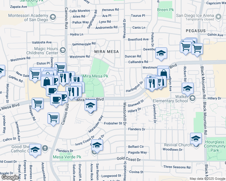 map of restaurants, bars, coffee shops, grocery stores, and more near 8670 New Salem Street in San Diego