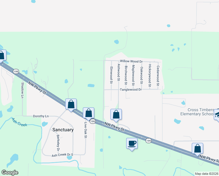 map of restaurants, bars, coffee shops, grocery stores, and more near 1732 Tanglewood Drive in Azle