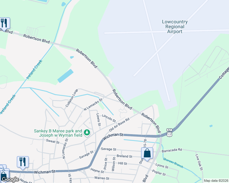 map of restaurants, bars, coffee shops, grocery stores, and more near Robertson Boulevard in Walterboro