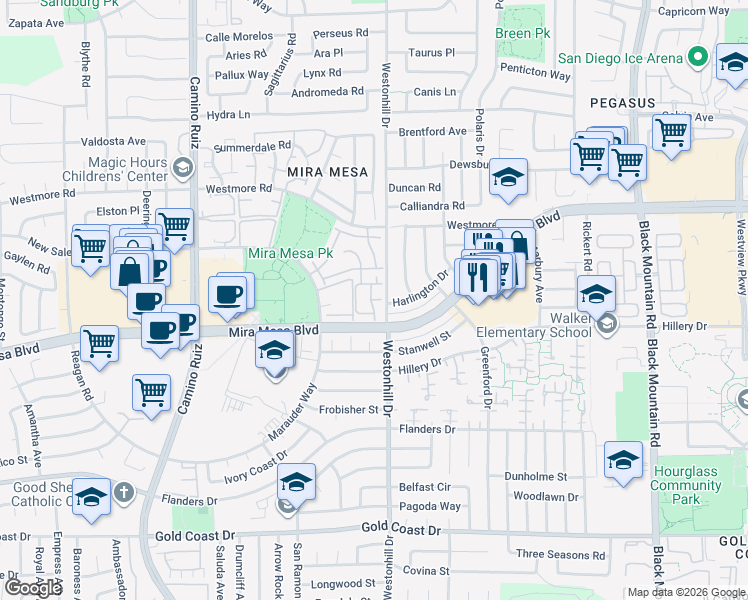 map of restaurants, bars, coffee shops, grocery stores, and more near 10794 Westonhill Drive in San Diego