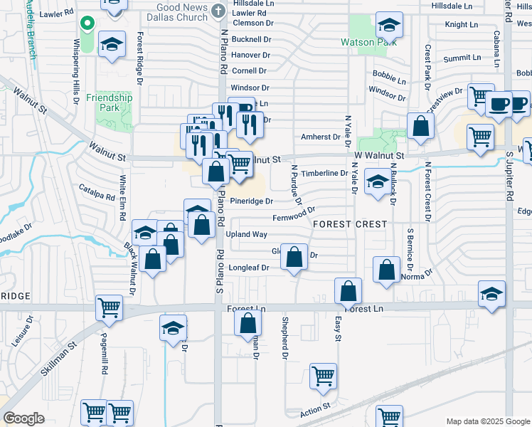 map of restaurants, bars, coffee shops, grocery stores, and more near 4250 Pineridge Drive in Garland