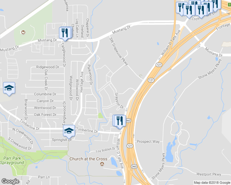 map of restaurants, bars, coffee shops, grocery stores, and more near 2152 Grayson Drive in Grapevine