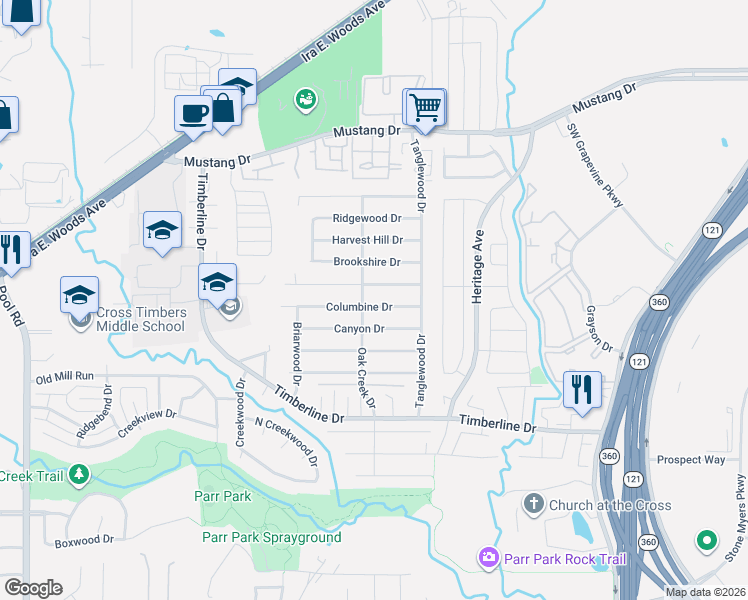 map of restaurants, bars, coffee shops, grocery stores, and more near 2840 Southridge Drive in Grapevine