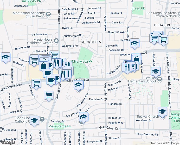 map of restaurants, bars, coffee shops, grocery stores, and more near 8580-36 New Salem Street in San Diego
