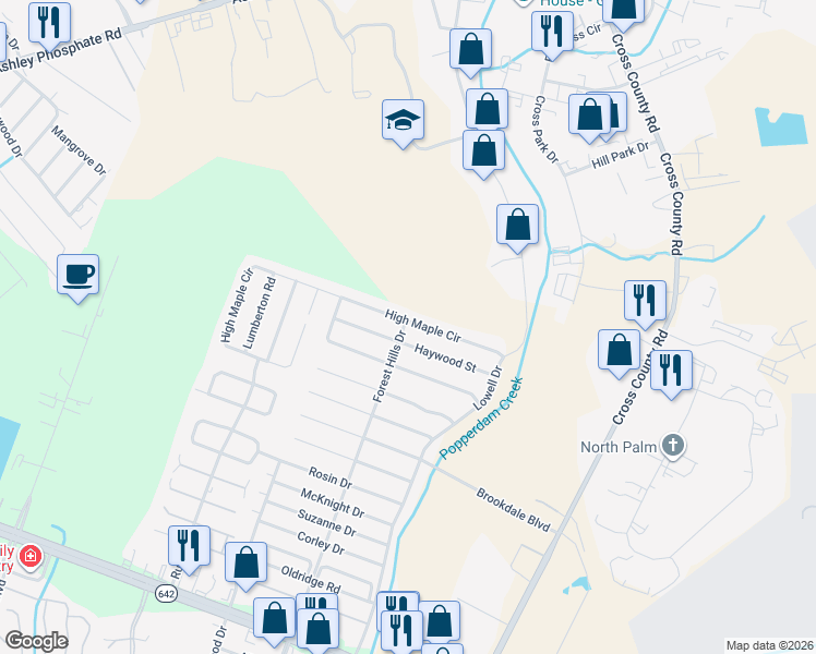 map of restaurants, bars, coffee shops, grocery stores, and more near 7666 High Maple Circle in North Charleston