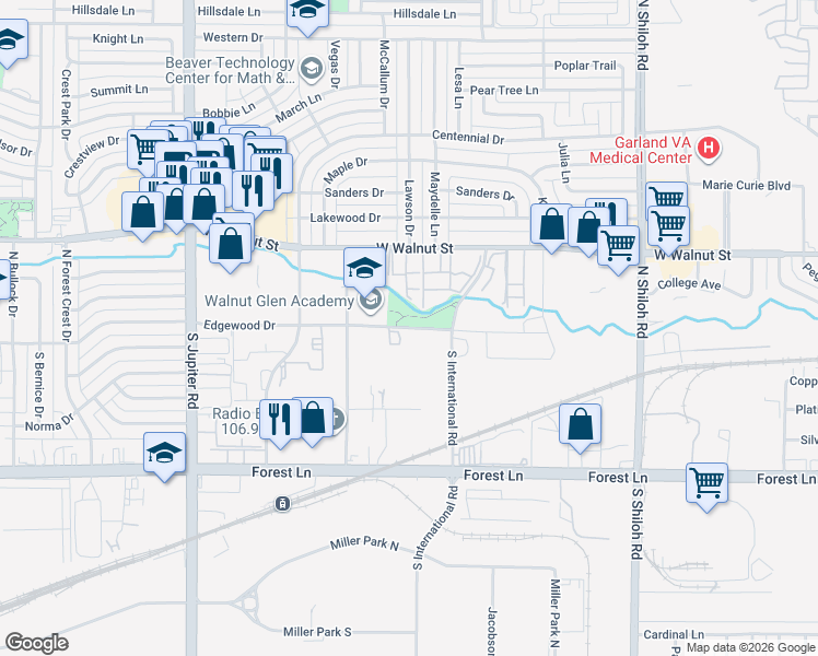 map of restaurants, bars, coffee shops, grocery stores, and more near 2905 Edgewood Drive in Garland
