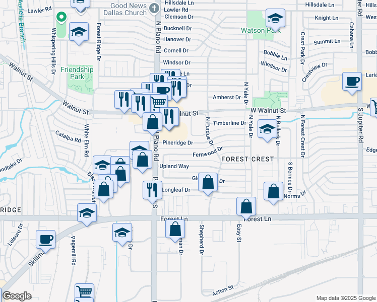 map of restaurants, bars, coffee shops, grocery stores, and more near 4250 Pineridge Drive in Garland