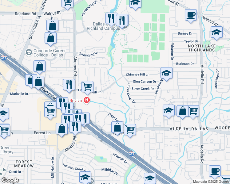 map of restaurants, bars, coffee shops, grocery stores, and more near 9808 Chimney Hill Lane in Dallas