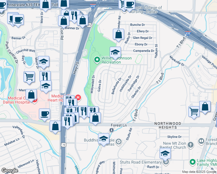 map of restaurants, bars, coffee shops, grocery stores, and more near 12130 Schroeder Road in Dallas