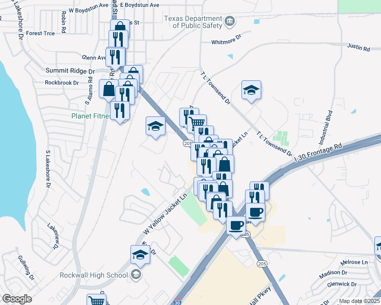 map of restaurants, bars, coffee shops, grocery stores, and more near 1410 South Goliad Street in Rockwall
