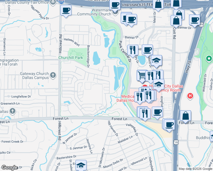 map of restaurants, bars, coffee shops, grocery stores, and more near 7323 Park Lake Drive in Dallas