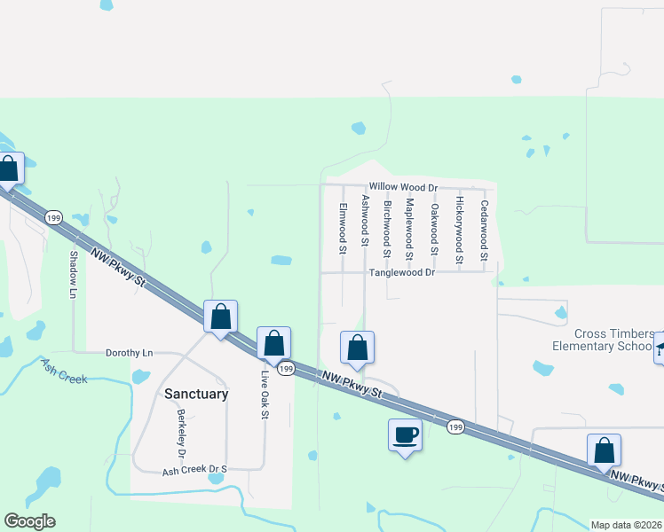 map of restaurants, bars, coffee shops, grocery stores, and more near 304 Pearson Lane in Azle