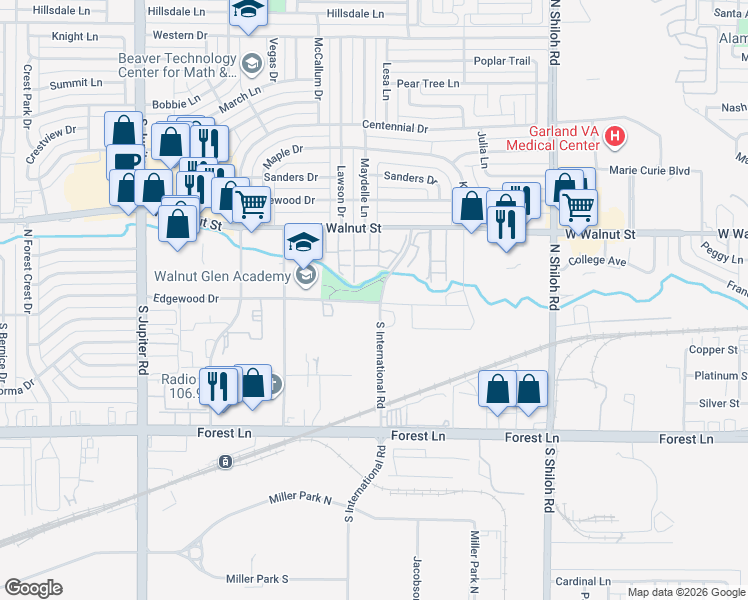map of restaurants, bars, coffee shops, grocery stores, and more near 2905 Edgewood Drive in Garland