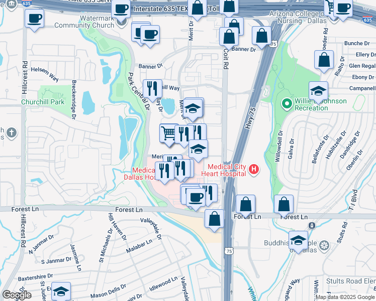 map of restaurants, bars, coffee shops, grocery stores, and more near 12221 Merit Drive in Dallas