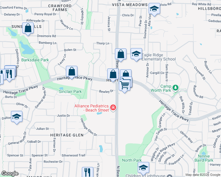 map of restaurants, bars, coffee shops, grocery stores, and more near 4456 Heritage Trace Parkway in Fort Worth