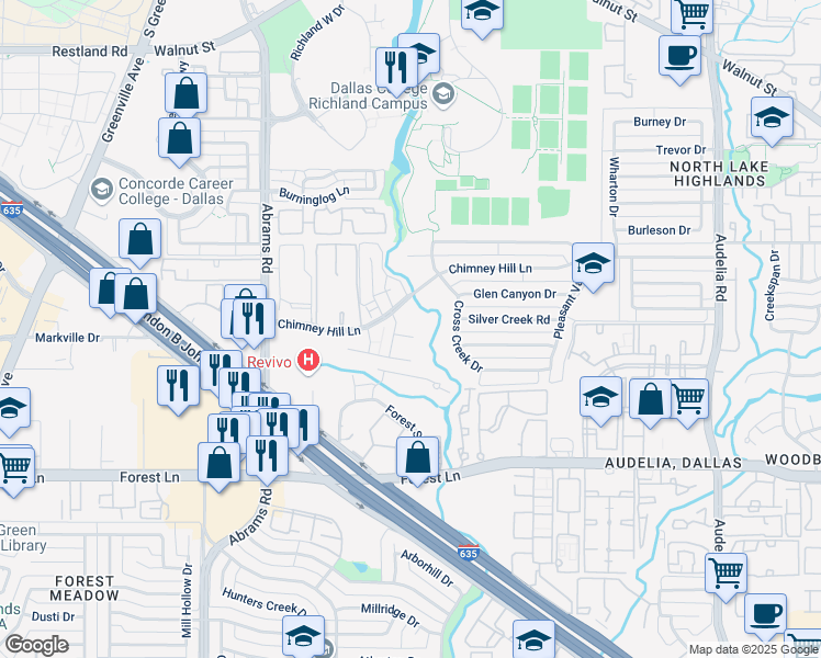 map of restaurants, bars, coffee shops, grocery stores, and more near 9808 Chimney Hill Lane in Dallas