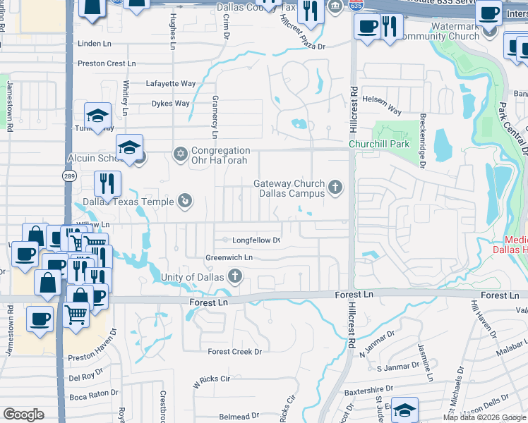 map of restaurants, bars, coffee shops, grocery stores, and more near 12123 Prestonridge Road in Dallas