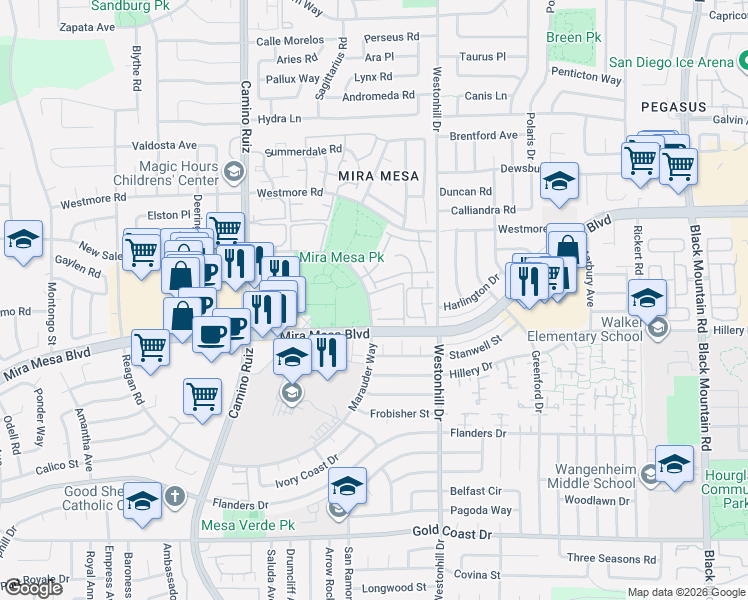 map of restaurants, bars, coffee shops, grocery stores, and more near 8580-36 New Salem Street in San Diego