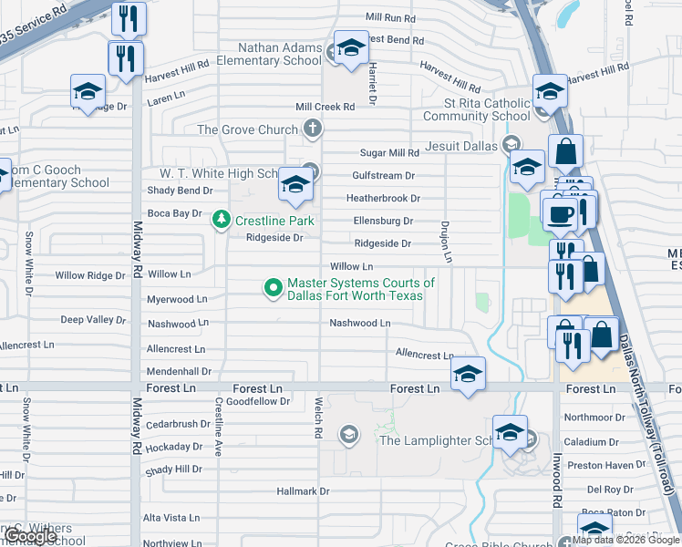 map of restaurants, bars, coffee shops, grocery stores, and more near 4633 Willow Lane in Dallas