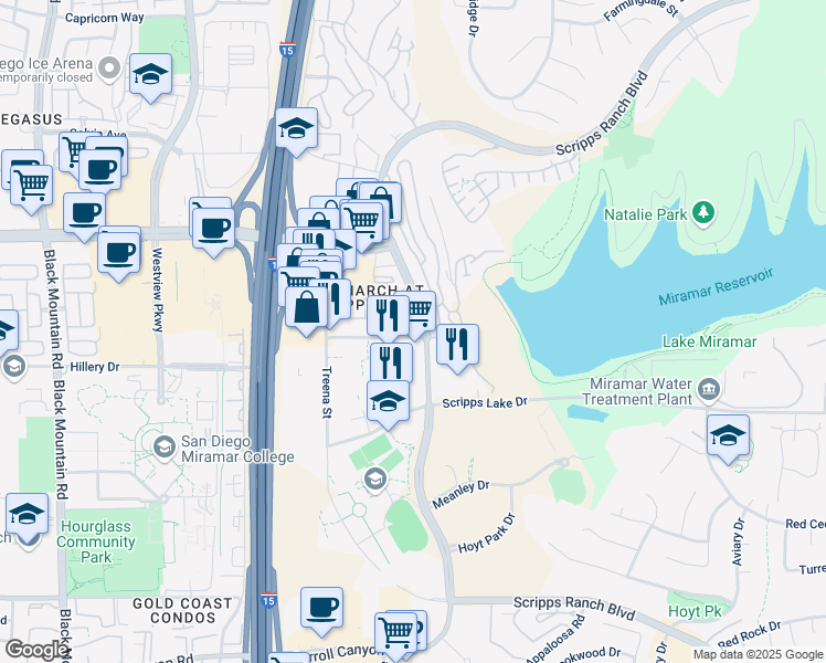 map of restaurants, bars, coffee shops, grocery stores, and more near 10768 Scripps Ranch Boulevard in San Diego