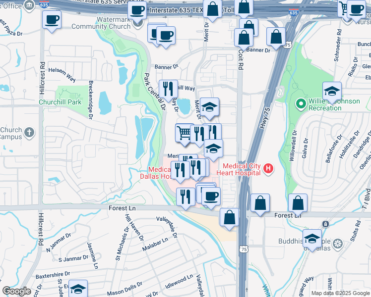 map of restaurants, bars, coffee shops, grocery stores, and more near 12201 Merit Drive in Dallas