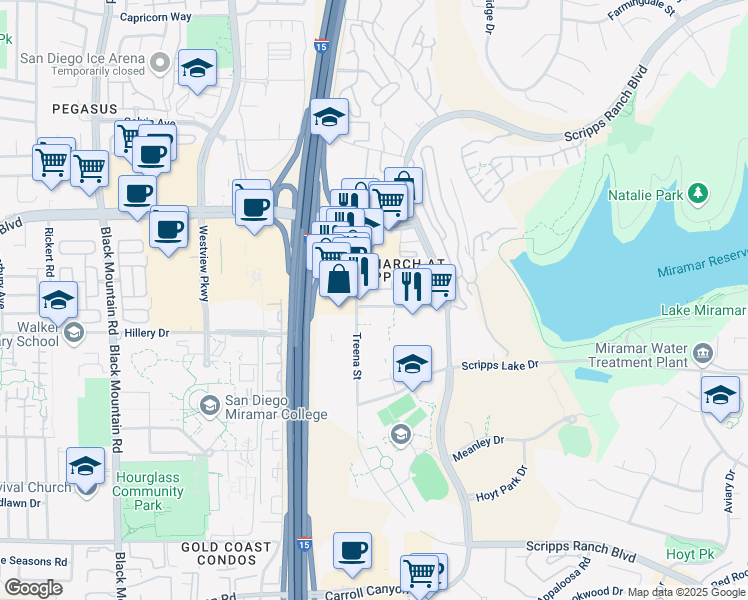 map of restaurants, bars, coffee shops, grocery stores, and more near 10800 Scripps Ranch Boulevard in San Diego