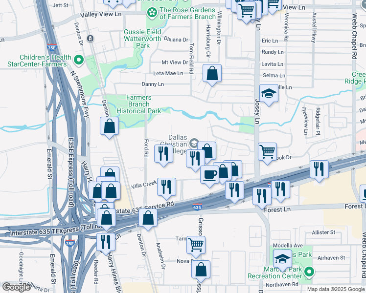 map of restaurants, bars, coffee shops, grocery stores, and more near 2700 Christian Parkway in Farmers Branch