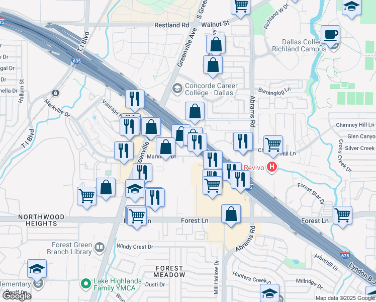 map of restaurants, bars, coffee shops, grocery stores, and more near 9292 Interstate 635 Service Road in Dallas